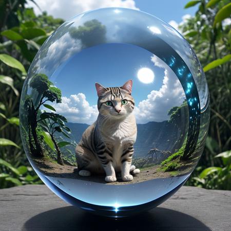 00134-1163042025-masterpiece, best quality, intricate photo, glass sphere with highly precise detailed cat in the jungle, Background blue cloudy.jpg